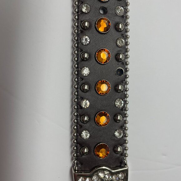 BHW Western Amber Bling Cowgirl Belt Gen Leather Sz L 36-38 Brown Silver Rodeo - Picture 15 of 16